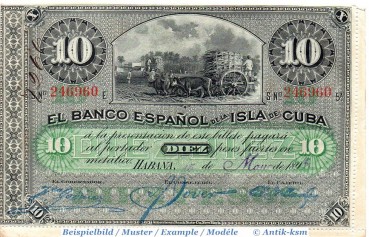 Banknote Kuba , 10 Pesos Schein in kfr. P.49.b ?  , von 1896 , Banco Espanol de Cuba