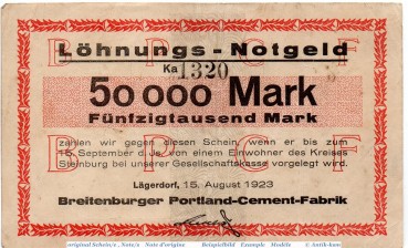 Banknote Lägerdorf , Breitenburger , 50.000 Mark Schein in gbr. Keller 2865 , 15.08.1923 , Schleswig Holstein Großnotgeld Inflation