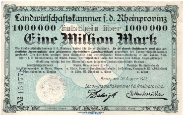 Banknote Landwirtschaftkammer Bonn , 1 Million Mark in f-kfr. Keller 524.a von 1923 Rheinland Grossnotgeld Inflation