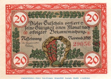 Banknote Marktgemeinde Nesselwang , 20 Mark Schein in kfr. Geiger 370.10 , von 1918 , Bayern Großnotgeld