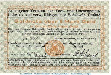 Banknote Metallindustrie Schwäbisch Gmünd , 1 Goldmark Schein in kfr. Müller 4405.18 von 1923 , Württemberg Wertbeständiges Notgeld