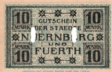 Banknote Nürnberg und Fürth , 10 Mark Schein in kfr.E Geiger 388.02 , von 1918 , Bayern Großnotgeld