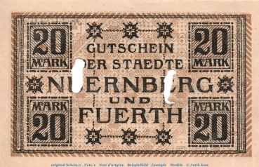 Banknote Nürnberg und Fürth , 20 Mark Schein in kfr.E Geiger 388.03 , von 1918 , Bayern Großnotgeld