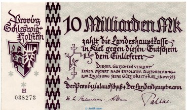 Banknote Provinzialausschuss Kiel, 10 Milliarden Mark Schein in kfr. Keller 4977.c , von 1923 Schleswig Holstein Großnotgeld Inflation