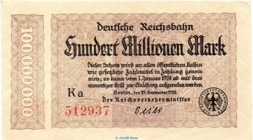 Banknote Reichsbahn , 100 Millionen Mark Schein in kfr. RVM-7.f , S.1017 , von 1923 , deutsche Reichsbahn - Inflation