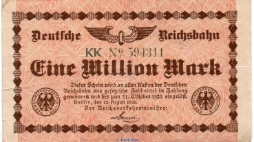 Banknote Reichsbahn , 1 Millionen Mark Schein in gbr. RVM-1.b , S.1011 , von 1923 , deutsche Reichsbahn - Inflation