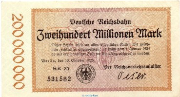 Banknote Reichsbahn , 200 Millionen Mark Schein in kfr. RVM-8 , S.1018 , von 1923 , deutsche Reichsbahn - Inflation