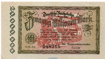 Banknote Reichsbahn , 20 Millionen Mark Schein in gbr. RVM-5 , S.1015 , von 1923 , deutsche Reichsbahn - Inflation