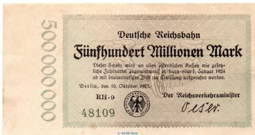 Banknote Reichsbahn , 500 Millionen Mark Schein in gbr. RVM-9 , S.1019 , von 1923 , deutsche Reichsbahn - Inflation