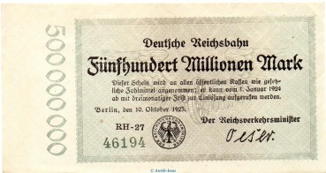 Banknote Reichsbahn , 500 Millionen Mark Schein in kfr. RVM-9 , S.1019 , von 1923 , deutsche Reichsbahn - Inflation