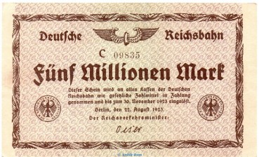 Banknote Reichsbahn , 5 Millionen Mark Schein in gbr. RVM-3.a-b , S.1013 , von 1923 , deutsche Reichsbahn - Inflation