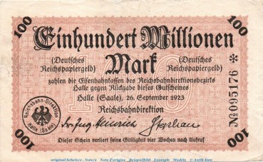 Banknote Reichsbahn Halle , 100 Millionen Mark Schein in gbr. Keller 2095.b von 1923 , Sachsen Anhalt Inflation