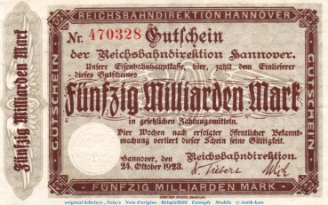 Banknote Reichsbahn Hannover , 50 Milliarden Mark Schein gbr. Keller 2165.d von 1923 , Niedersachsen Inflation