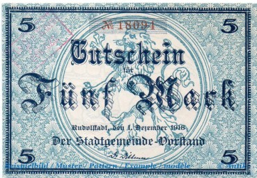 Banknote Rudolstadt , 5 Mark Schein in kfr. E , Geiger 456.01 , 01.12.1918 , Thüringen Großnotgeld