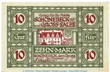 Banknote Schönebeck + Gross Salze , 10 Mark Schein in kfr. Geiger 481.02 von 1918 , Sachsen Anhalt GroßnotgeldBanknote Schönebeck + Gross Salze , 10 Mark Schein in kfr. Geiger 481.02 von 1918 , Sachsen Anhalt Großnotgeld