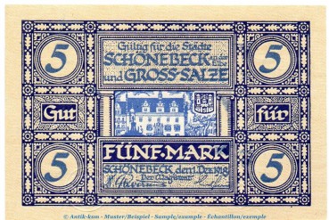 Banknote Schönebeck + Gross Salze , 5 Mark Schein in kfr. Geiger 481.01.a von 1918 , Sachsen Anhalt Großnotgeld