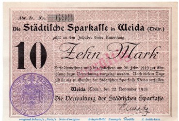 Banknote Sparkasse Weida , 10 Mark Schein in gbr.E , Geiger 541.01 , von 1918 , Thüringen Großnotgeld