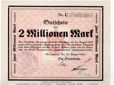 Banknote Stadt Bergedorf , 2 Millionen Mark Schein in kfr. Keller 315.d , von 1923 , Hamburg Großnotgeld Inflation