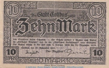 Banknote Stadt Cottbus , 10 Mark Schein in gbr. Geiger 085.02 von 1918 , Brandenburg Großnotgeld