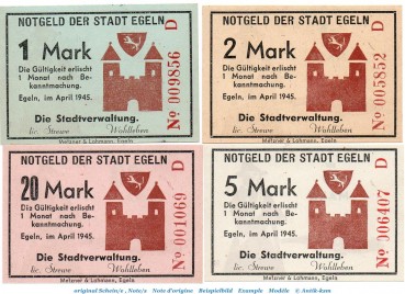 Banknote Stadt Egeln , Set mit 4 Scheinen in kfr. Serie D , April 1945 , Sachsen Anhalt , Notgeld 1945