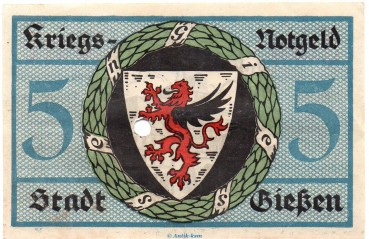 Banknote Stadt Gießen , 5 Mark Schein in kfr.E , Geiger 178.01 von 1918 , Hessen Großnotgeld