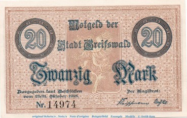 Banknote Stadt Greifswald , 20 Mark Schein in kfr.E , Geiger 194.02 von 1918 , Pommern Großnotgeld