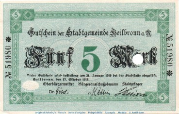 Heilbronn , Banknote 5 Mark Schein in kfr.E , Geiger 228.01... Württemberg 1918 Grossnotgeld