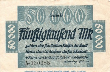 Banknote Stadt Herne , 50.000 Mark Schein in gbr. Keller 2339.i von 1923 , Westfalen Inflation