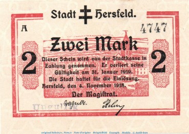 Banknote Stadt Hersfeld , 2 Mark Schein in kfr.E , Geiger 231.02.b von 1918 , Hessen Großnotgeld