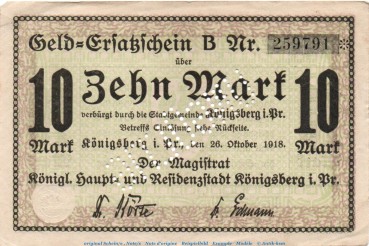 Banknote Stadt Königsberg , 10 Mark Schein in gbr. E , Geiger 287.03 , 26.10.1918 , Ostpreussen Großnotgeld