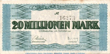 Banknote Stadt Kaiserslautern , 20 Millionen Mark braun in gbr. Keller 2541.f , von 1923 , Pfalz Inflation