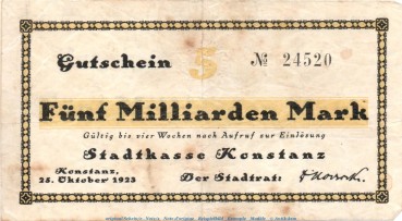 Banknote Stadtkasse Konstanz , 5 Milliarden Mark Schein in gbr. Keller 2796.l-o , von 1923 , Baden Inflation