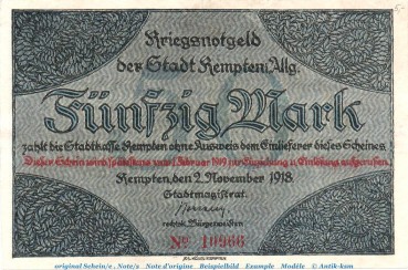 Banknote Stadt Kempten , 50 Mark Schein in gbr. Geiger 269.04 , von 1918 , Bayern Inflation