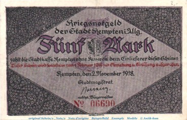 Banknote Stadt Kempten , 5 Mark Scheck in gbr. Geiger 269.01 , von 1918 , Bayern Inflation