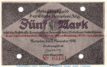 Banknote Stadt Kempten , 5 Mark Schein in kfr.E Geiger 269.01 , von 1918 , Bayern Großnotgeld