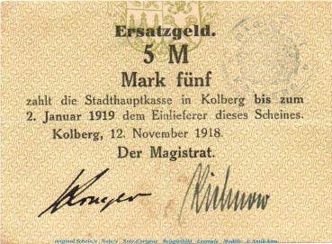 Banknote Stadt Kolberg , 5 Mark Schein in gbr. Geiger 291.03.a , 12.11.1918 , Pommern Großnotgeld