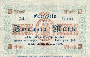 Banknote Stadt Kulmbach , 20 Mark Schein in gbr. Geiger 298.04 von 1918 , Bayern Großnotgeld