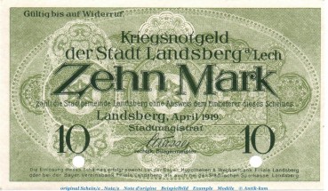 Banknote Stadt Landsberg , 10 Mark Schein in kfr.E Geiger 307.01 , von 1919 , Bayern Großnotgeld