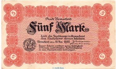 Banknote Stadt Remscheid , 5 Mark Schein in gbr. Geiger 443.01.b von 1918 , Rheinland Großnotgeld