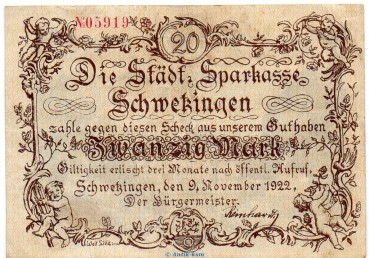 Banknote Stadt Schwetzingen , 20 Mark Schein in kfr. Müller 4215.1.a von 1922 , Baden Großnotgeld