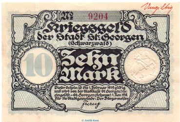 Banknote Stadt St. Georgen , 10 Mark Schein in kfr.E , Geiger 469.03 von 1918 , Baden Großnotgeld