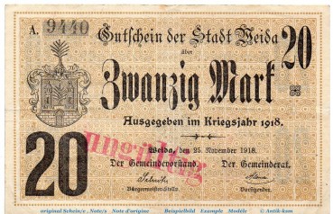 Banknote Stadt Weida , 20 Mark Schein in gbr.E Geiger 540.03.b , von 1918 , Thüringen Großnotgeld