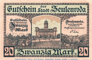 Banknote Stadt Zeulenroda , 20 Mark Schein in kfr.E Geiger 576.08 von 1918 , Thüringen Großnotgeld