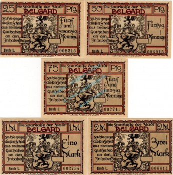 Belgard , Notgeld Set --5 x Konto L-- unc-kfr. M-G 69.3.a , Pommern o.D. Seriennotgeld