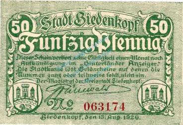 Biedenkopf , Notgeld 50 Pfennig Schein unc-kfr. Ti.0610.05.06 , Hessen 1920 Verkehrsausgabe