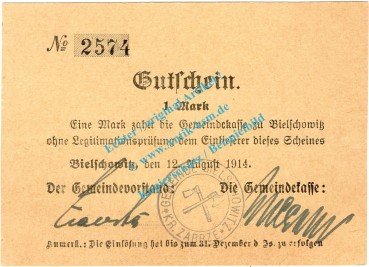 Bielschowitz , Notgeld 1 Mark -Druckfehler- in kfr. Diessner 25.8.b , Oberschlesien 1914 Notgeld 19Bielschowitz , Notgeld 1 Mark -Druckfehler- in kfr. Diessner 25.8.b , Oberschlesien 1914 Notgeld 1914-1514-15