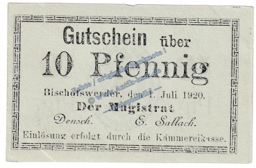 Bischofswerder , Notgeld 10 Pfennig Schein in kfr. Tieste 0685.05.50 , Westpreussen 1920 Verkehrsausgabe