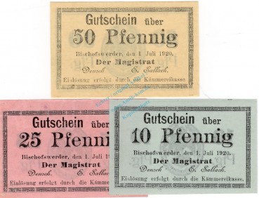 Bischofswerder , Notgeld Set mit 3 Scheinen unc-kfr. Ti.0685.05.50-52 , Westpreussen 1920 Verkehrsausgabe