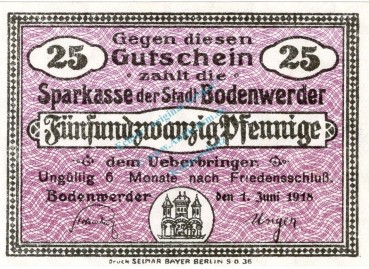 Bodenwerder , Notgeld 25 Pfennig Schein unc-kfr. Ti.0800.05.035 , Niedersachsen 1918 Verkehrsausgabe