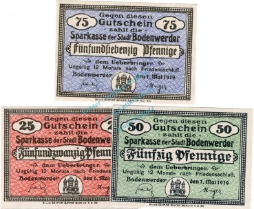 Bodenwerder , Notgeld Set mit 3 Scheinen unc-kfr. Ti.0800.05.050-062 , Niedersachsen 1918 Verkehrsausgabe